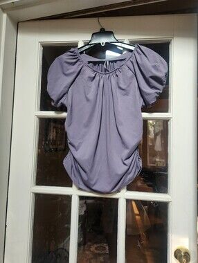 Anthropologie Purple Puff Sleeve Top With Ruching At Sides; Like New; Size Large